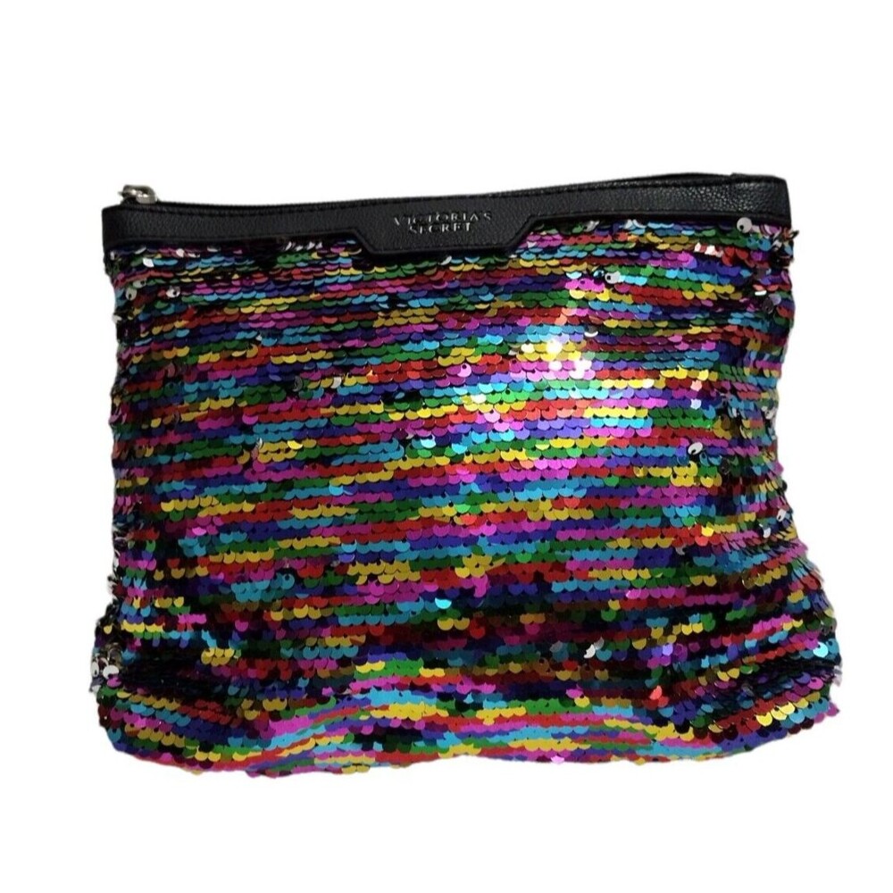 Victoria's Secret Womens Sequin Cosmetic Makeup Bag Clutch Rainbow Travel Pouch